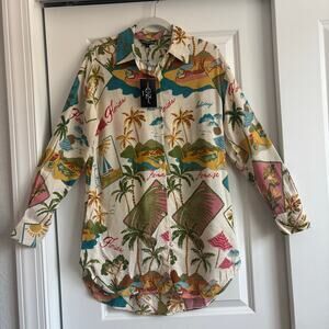 NWT Oversized Resort Wear Novelty Print Tunic Shirt Dress Cover Up S Florida